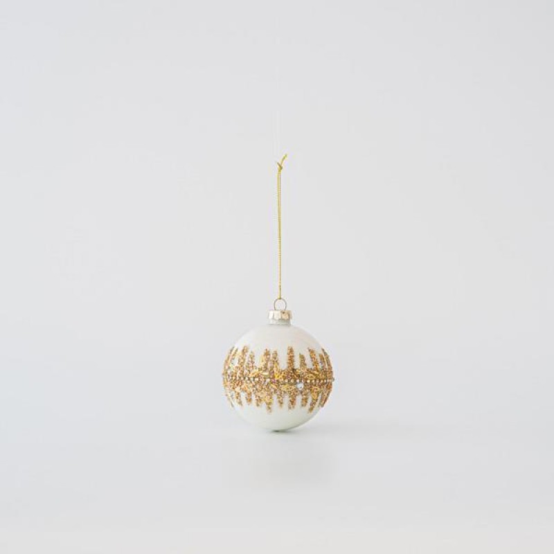 GLASS BALL, WHITE, WITH GOLD GLITTER, SET 4PCS, 8cm 600-45757