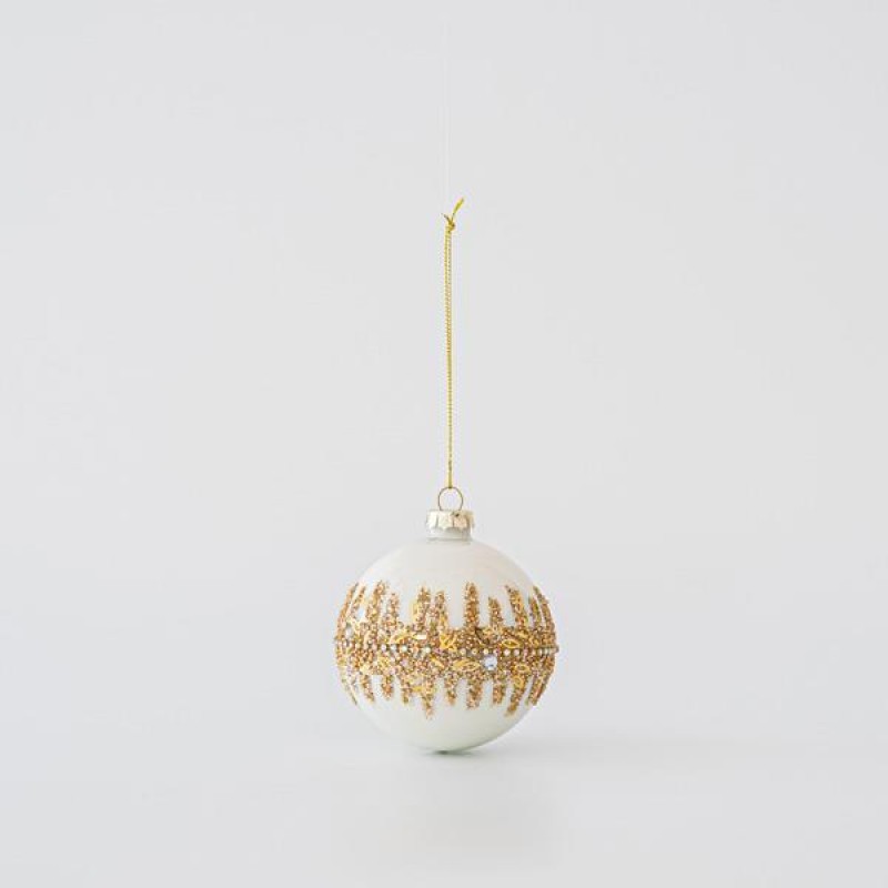 GLASS BALL, WHITE, WITH GOLD GLITTER, SET 4PCS, 10cm 600-45758