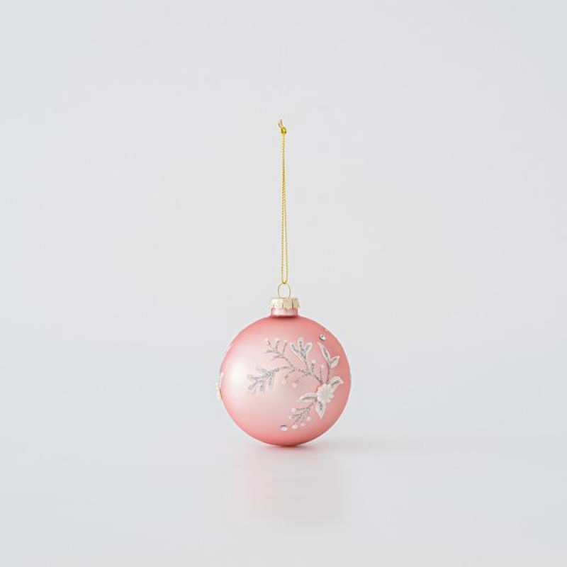 GLASS BALL, PINK, WITH WHITE FLOWERS, SET 4PCS, 8cm 600-45763