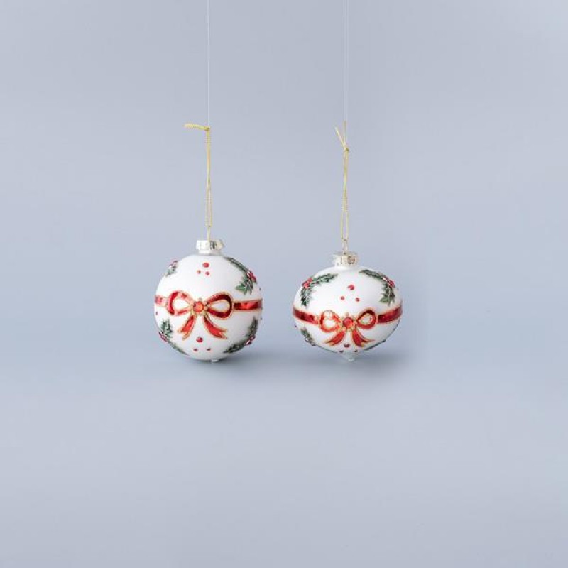 GLASS ORNAMENT, WHITE, WITH RED PAINTED RIBBON, IN 2 SHAPES, SET 4PCS 600-45846