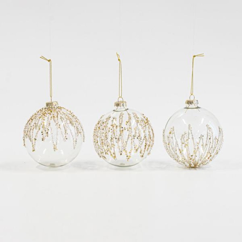 GLASS BALL, TRANSPARENT, RELIEF WITH BEADS AND GLITTER, 3 DESIGNS, 8cm 600-45852