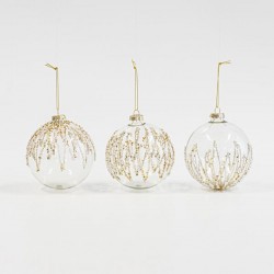 GLASS BALL, TRANSPARENT, RELIEF WITH BEADS AND GLITTER, 3 DESIGNS, 10cm 600-45853