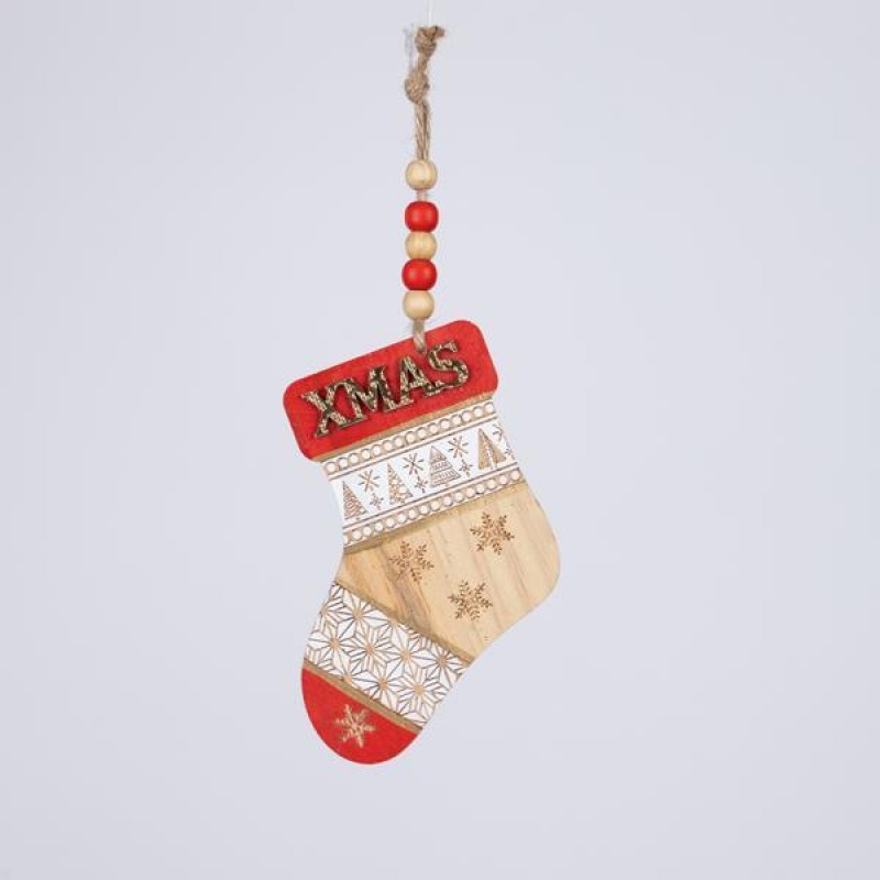 WOODEN ORNAMENT BOOT, RED WITH GOLD XMAS, 0.8x8x24cm 600-46106