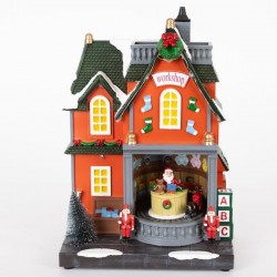 LIGHTED SANTAS HOUSE WITH MUSIC AND MOVEMENT, ADAPTOR, 18.1x12.7x26.5cm 600-46363