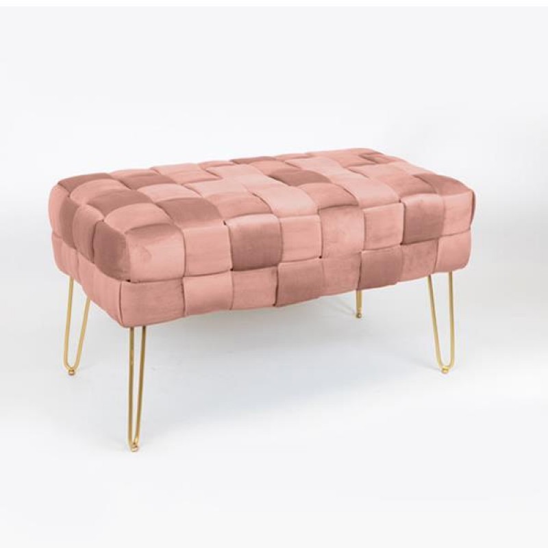 BENCH, VELVET, PINK, KNITTED DESIGN, GOLD METAL LEGS, 82X43X46 750-18022