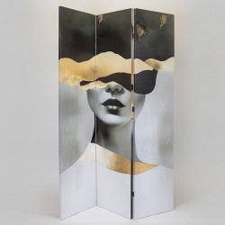 FOLDING SCREEN, WOMANS FACE, CANVAS PRINT,GREY-GOLD-BLACK, 120x2.5x180cm 750-34013 FOLDING SCREEN, WOMANS FACE, CANVAS PRINT,GREY-GOLD-BLACK, 120x2.5x180cm 750-34013