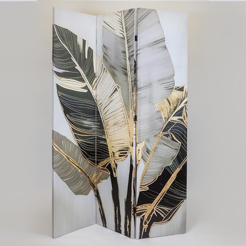 FOLDING SCREEN, FERN LEAVES, CANVAS PRINT,WHITE-GOLD-BLACK, 120x2.5x180cm 750-34017
