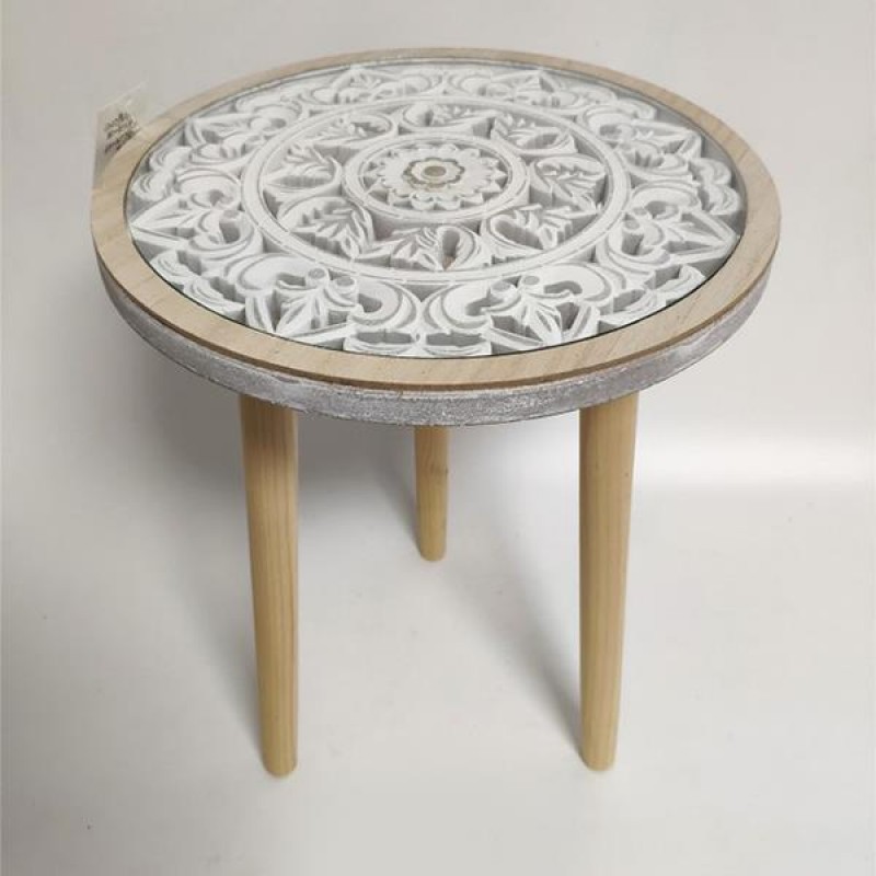 SIDE TABLE, WOODEN WIGH  GLASS, WHITE-ΝATURAL, 35x35x38cm 750-40519