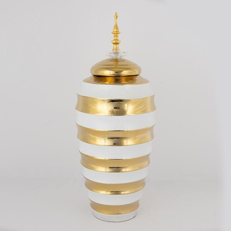 КЕРАМИЧНА ВАЗА С КАПАК, БЯЛА И ЗЛАТИСТА, 18.5X48.5 СМ КЕРАМИЧНА ВАЗА С КАПАК, БЯЛА И ЗЛАТИСТА, 18.5X48.5 СМ