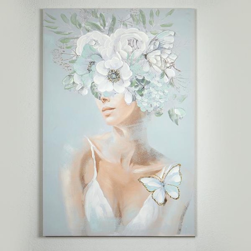 ПЛАТНО СТЕННА КАРТИНА ЖЕНА С ЦВЕТЯ И ПЕПЕРУДИ 80X120
