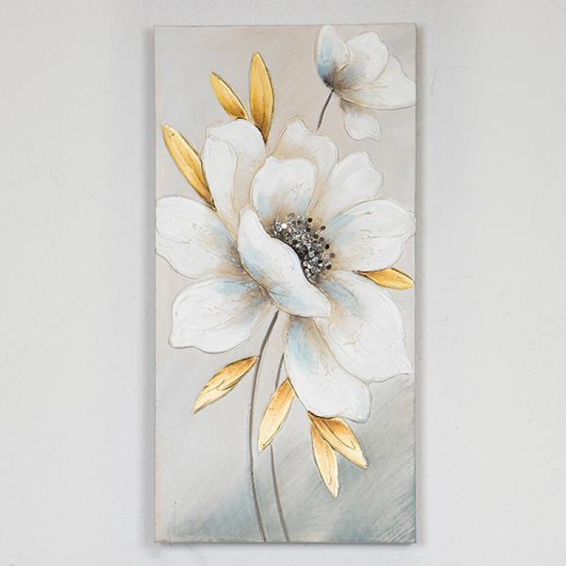 CANVAS WALL ART, FLOWER, WHITE & GOLD, 60x90x3cm 755-12053