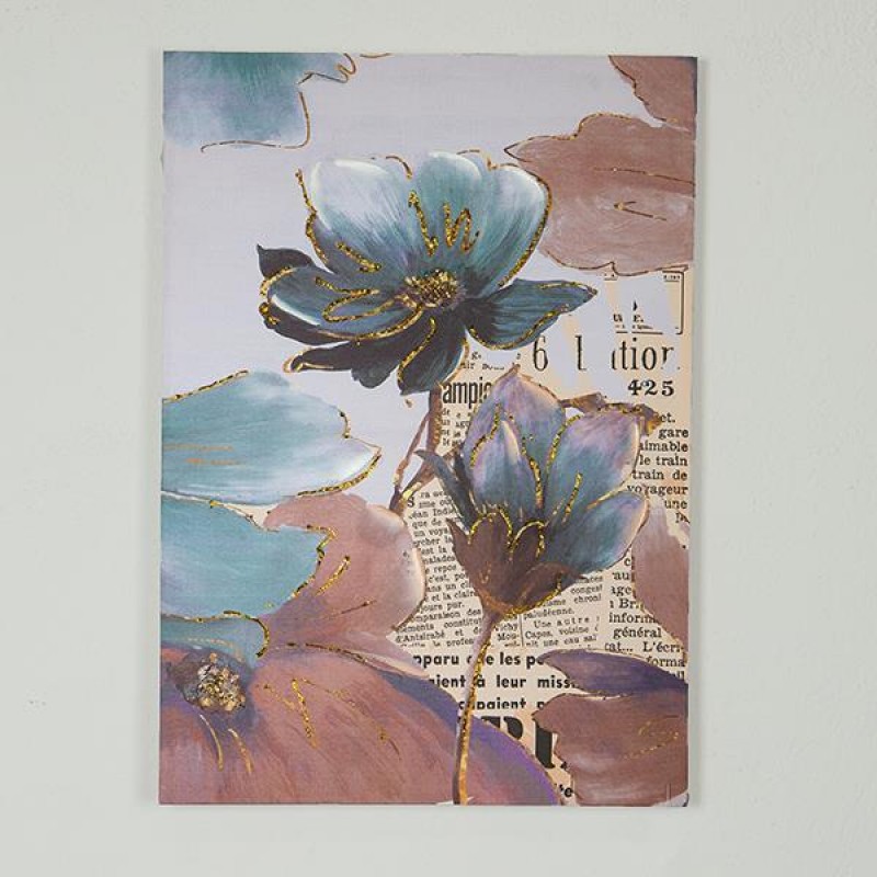 CANVAS PAINTING,  FLOWER-NEWSPAPER, BABY-BLUE, PINK- WHITE, 50x2,5x70cm 755-12102