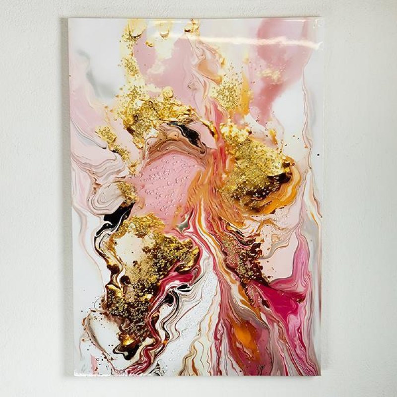 CANVAS  PAINTING, ABSTRACT ART, WHITE-PINK-GOLD-BLACK, 70x100x2,5cm 755-12117