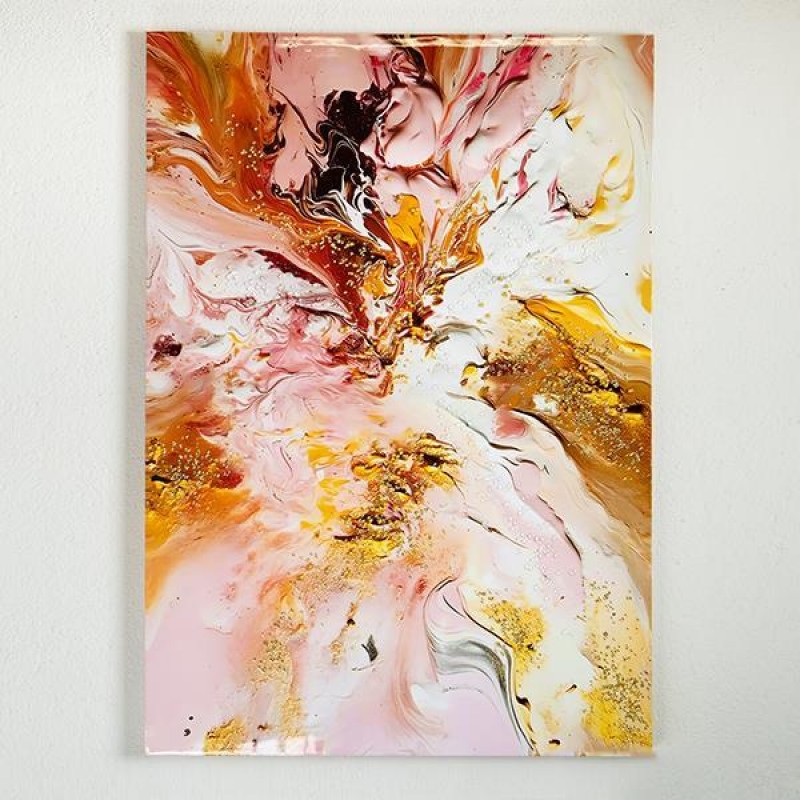 CANVAS  PAINTING, ABSTRACT ART, WHITE-PINK-GOLD-BLACK, 70x100x2,5cm 755-12118