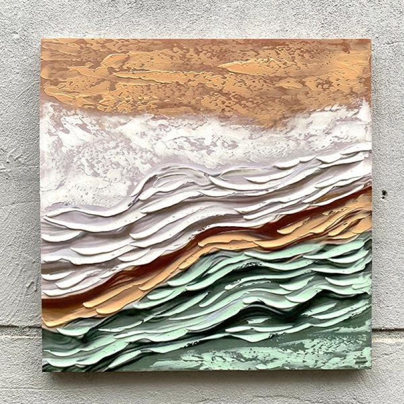 CANVAS  PAINTING, WAVES, WHITE, LIGHT GREEN & LIGHT  BROWN, 60x60x2.3cm 755-12151