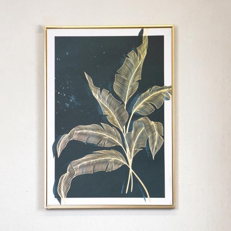 FRAMED CANVAS WITH  FOIL, FERN, DARK  BLUE- GOLD, 50x70x3cm 755-12181