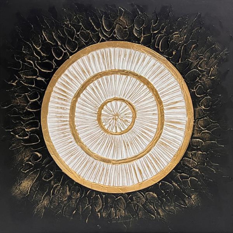 КАНВАС КАРТИНА С КРЪГОВ ДИЗАЙН, ЧЕРНО-ЗЛАТНО-БЯЛО, 80X80X3 СМ