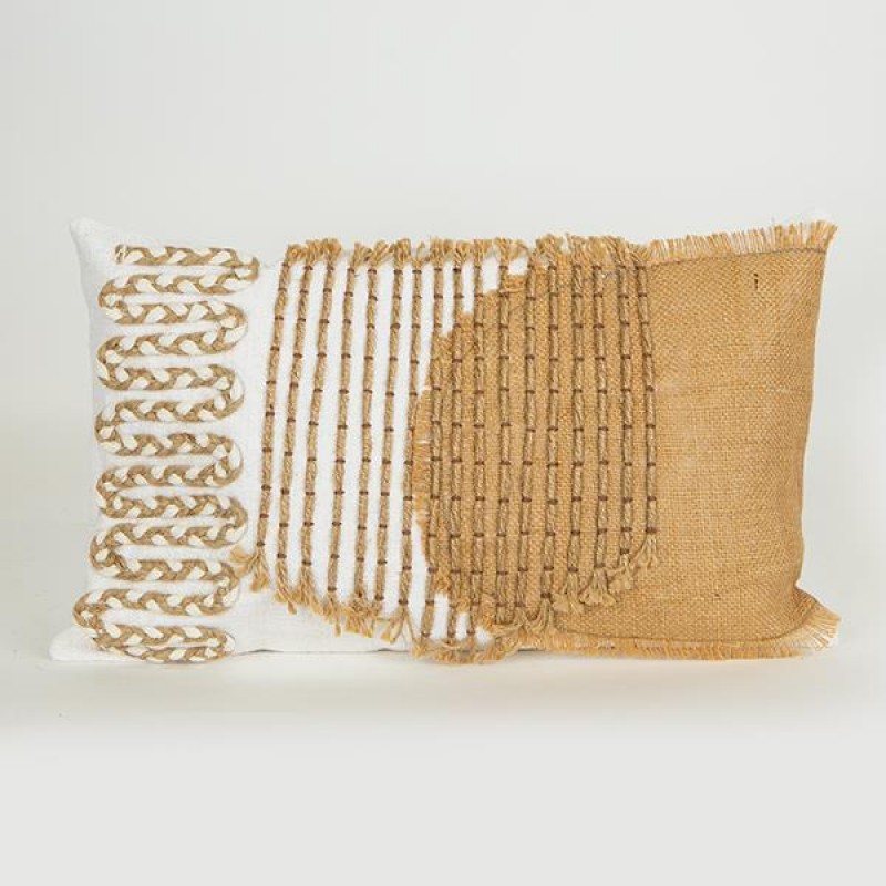 CUSHION,  WITH FILLER, COTTON-JUTE WITH  FRINGES, WHITE- NATURAL, 30x50cm 759-10028