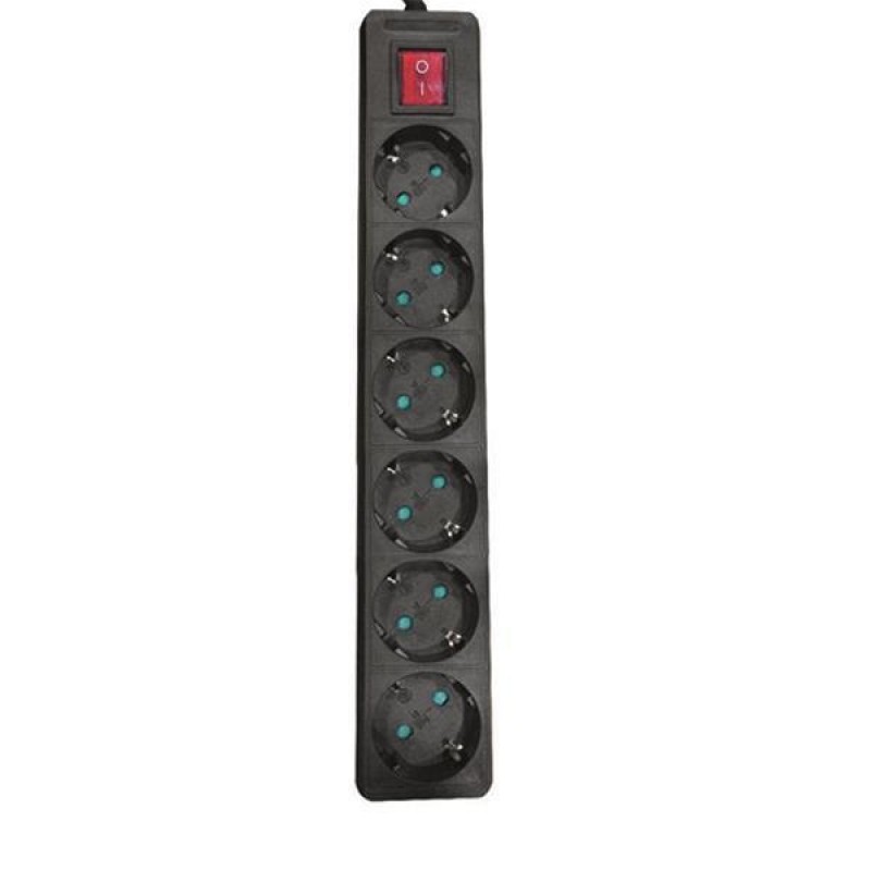 SOCKET 6 SCHUKO HOLES CABLE 3X1,5mm EXTENSION 1,5m BLACK WITH SWITCH & SHUTTER PROTECTION 147-62264
