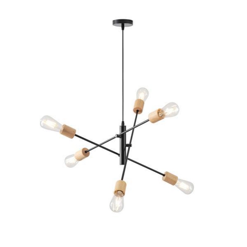 PENDANT LIGHT FIXTURES 6LIGHTS  6XΕ27 850X850X1540mm WOODEN&METAL BLACK ARTE ILLUMINA EDISON 144-30122