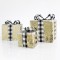 LED GIFT BOXES, BATTERY OPERATED, WITH WHITE-BLACK CHECKED RIBBON AND GOLD DECORATIVE,  15cm/20cm/25cm 600-31018