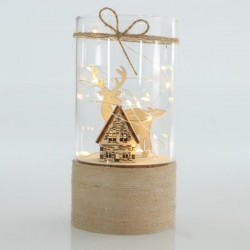GLASS LIGHTED DECORATIVE WITH HOUSE AND DEER, 9x18cm 600-42349