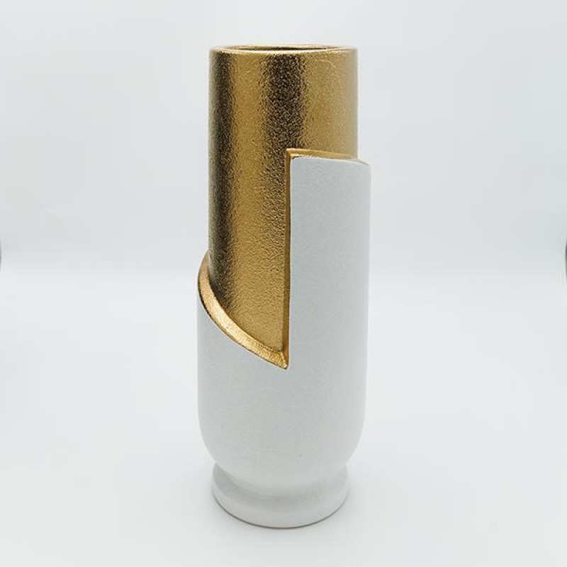 КЕРАМИЧНА ВАЗА БЯЛА - ЗЛАТНА 13.5X13.5X36.5 СМ
