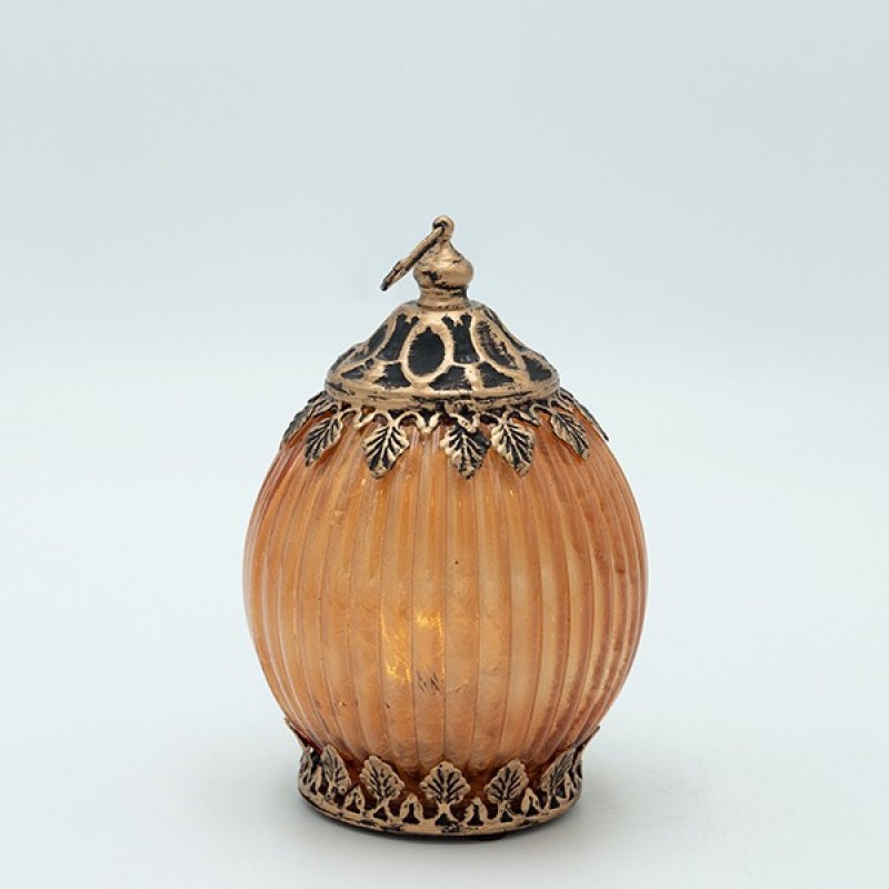 ЛАНТЕРНА МЕТАЛ - СТЪКЛО С БАТЕРИЯ ЗЛАТИСТА - ОРАНЖЕВА 9.5X9.5X14CM