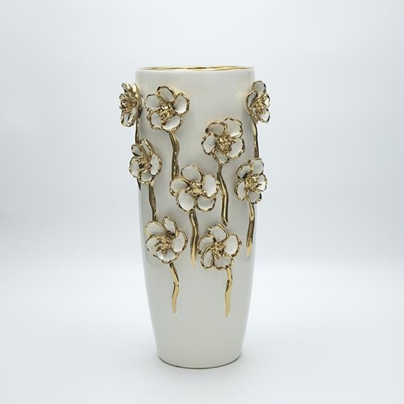 VASE CERAMIC WHITΕ WITH FLOWERS  16x15x33cm 819-01447
