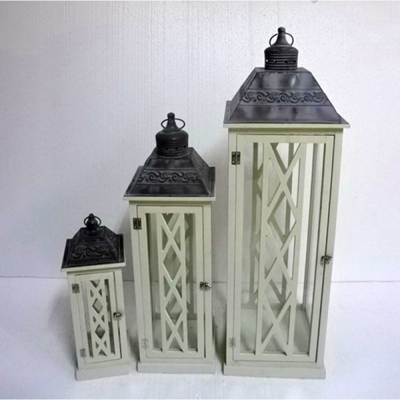 S/3 LANTERNS WOODEN WHITE METAL 34x34x104cm 819-01436