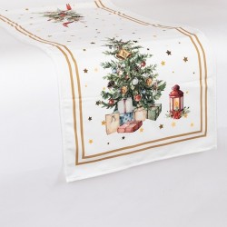 TABLE RUNNER, WHITE WITH CHRISTMAS TREE, 40x140cm 600-47393