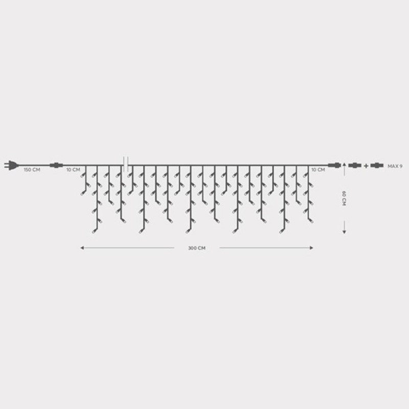 ICICLE, 144 LED 5mm WITH CUPS, 230V, 3 CONNECTORS UNTIL 8 SET, GREEN RUBBER WIRE, WHITE LED (H60 x W300cm, 5/7/5/7), LEAD WIRE 1.5m, IP65 600-09580