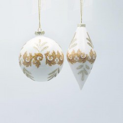 GLASS ORNAMENT, WHITE PEARL WITH CHAMPAGNE DETAILS, 2 DESIGNS, SET 4PCS, 8cm 12.5cm 600-47465