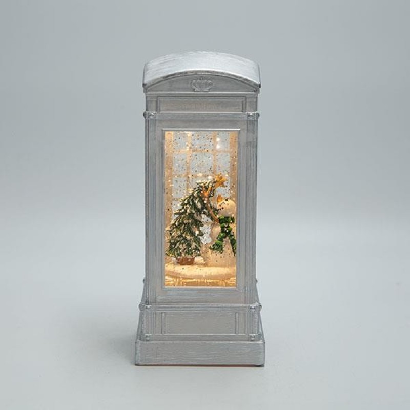 ILLUMINATED TELEPHONE BOOTH WITH SNOWMAN, WHITE, WITH WATER INSIDE, BATTERY-OPERATED, TIMER, 8.8x8.8x21cm 600-48143