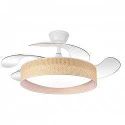 DECORATIVE CEILING FAN WHITE WITH RETRACTABLE BLADES AND BROWN KNITTED Φ106 30W DC MOTOR WITH LED LIGHT 45W AND REMOTE CONTROL 300-25086