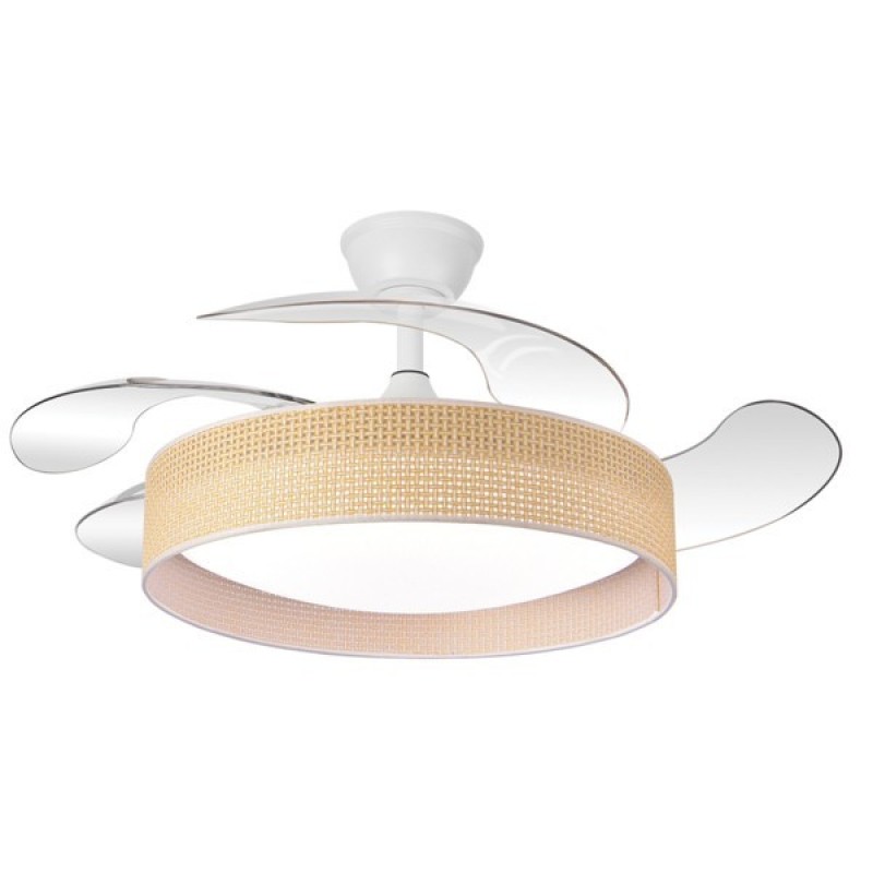 DECORATIVE CEILING FAN WHITE WITH RETRACTABLE BLADES AND BROWN KNITTED Φ106 30W DC MOTOR WITH LED LIGHT 45W AND REMOTE CONTROL 300-25086 DECORATIVE CEILING FAN WHITE WITH RETRACTABLE BLADES AND BROWN KNITTED Φ106 30W DC MOTOR WITH LED LIGHT 45W AND REMOTE CONTROL 300-25086
